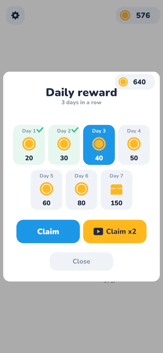 Daily reward calendar on day 3 of a 7-day streak