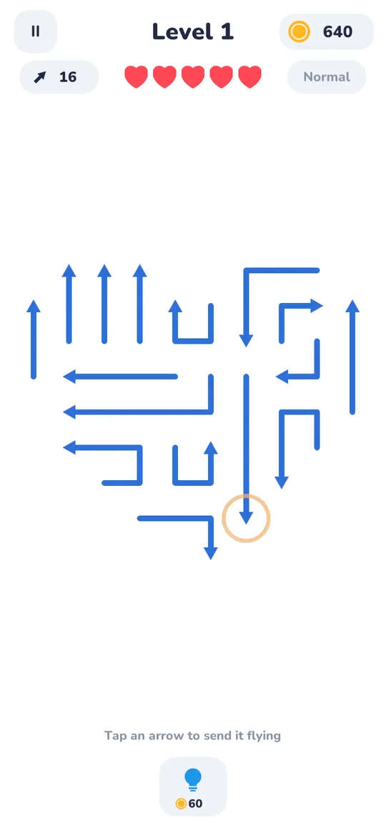 Level 1: a heart-shaped board of blue arrows, with three hearts and the arrow count above it