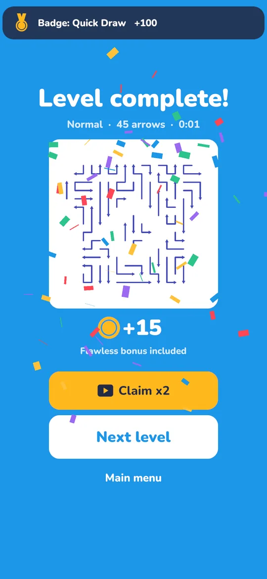 Level complete screen with coins earned and a badge unlocked