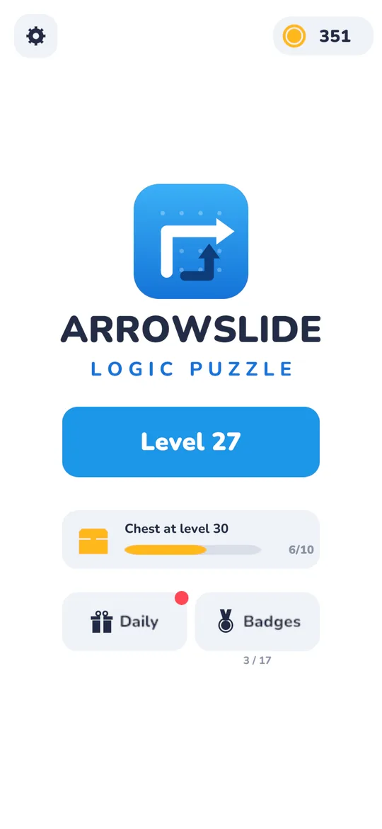 Main menu with the next level, progress to the next chest, the daily reward and badges